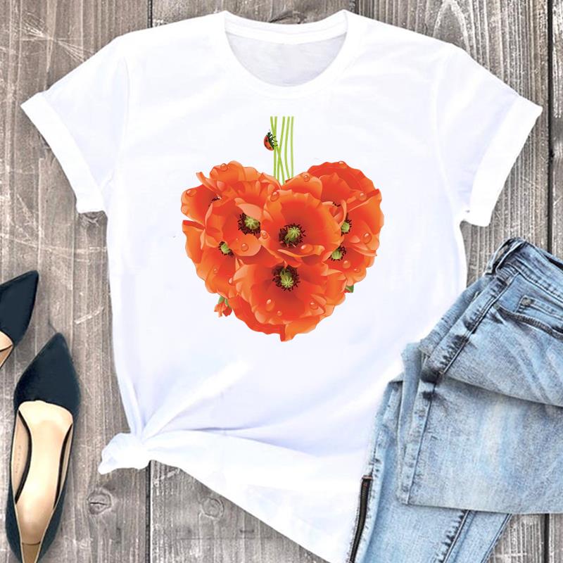 European size Tee Top Women T Shirt Woman Female Flower Trend 90s Lovely Cute Short Sleeve Clothing Print Fashion Graphic T-shirts