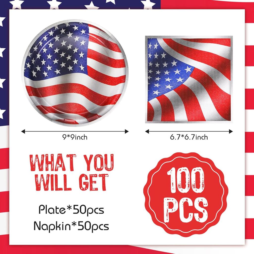 Mumufy 100 Pcs American Flag Patriotic Plates and Napkins 4th of July Party Supplies July 4th Disposable Paper Plates Napkins for Veterans Day