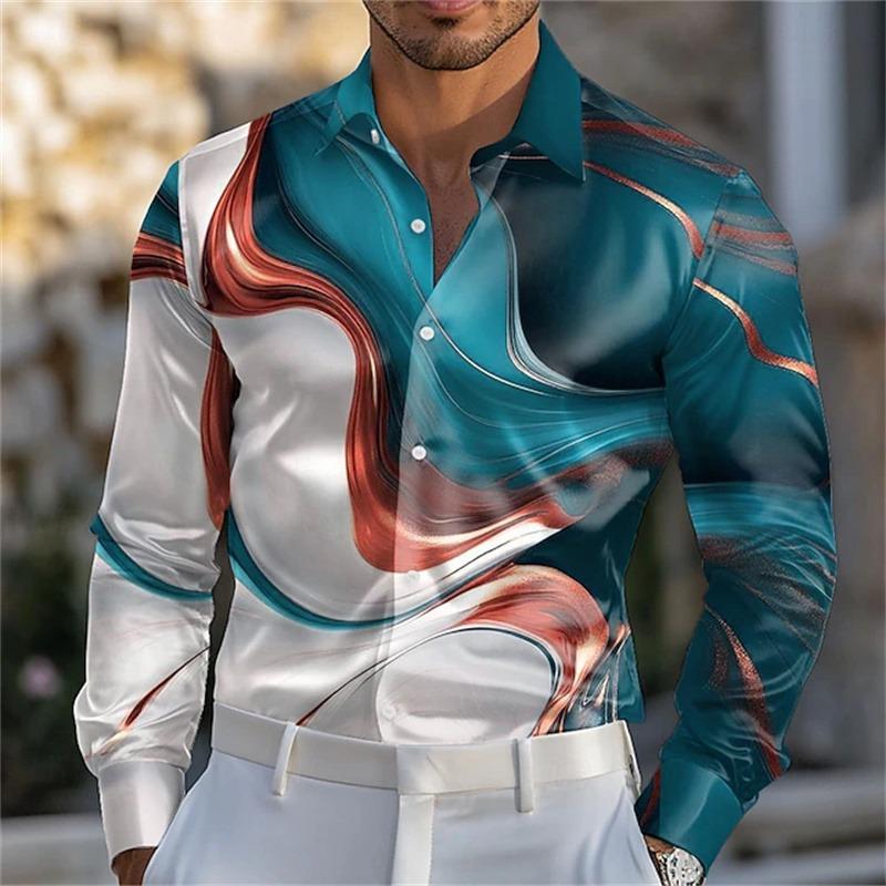 Men s geometric pattern marble abstract liquid art shirt, summer, spring, autumn, lapel, 3D printed button shirt, burgundy, blue S