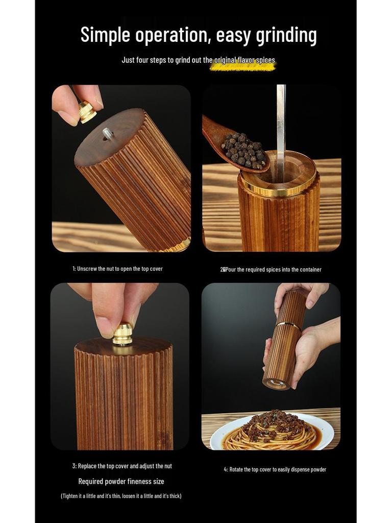 Multifunctional Acacia Wood Pepper Grinder with Ceramic Core and Golden Steel