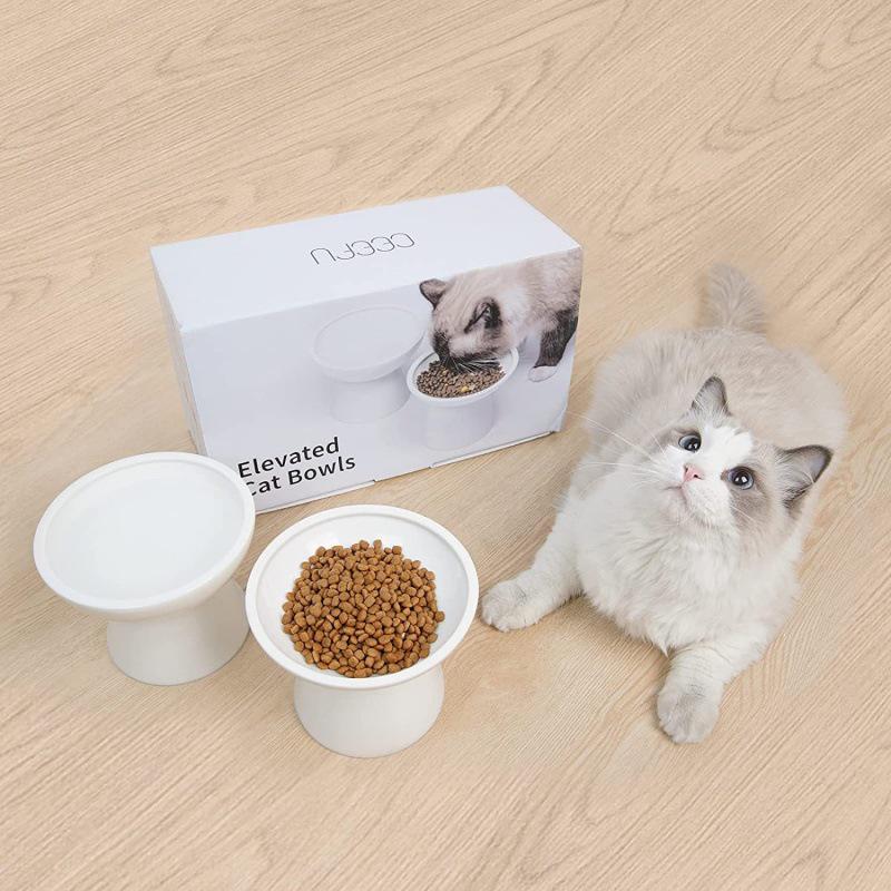 High-Legged Ceramic Cat Bowl for Neck Protection and Anti-Black Chin