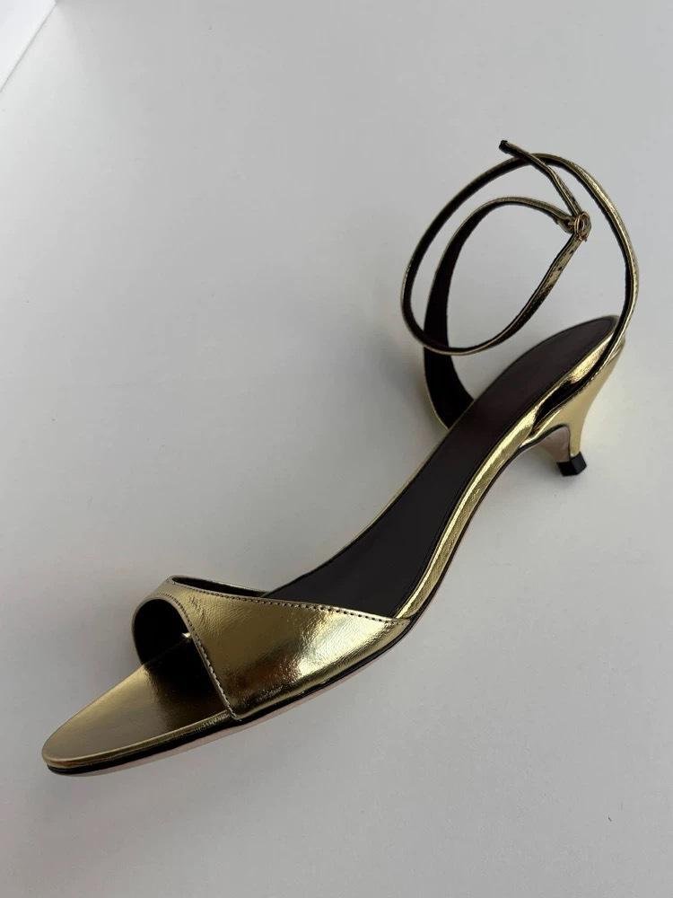 Cowhide Version~ French Kitten Heel Round Head Open Toe One-word Buckle with Sandals Women's 2025 Summer Temperament Stiletto Sandals