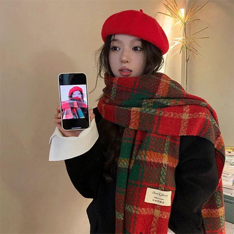 Autumn And Winter  Plaid Scarf For Women Korean Style Versatile Shawl Warm Christmas Wool Neck Scarf