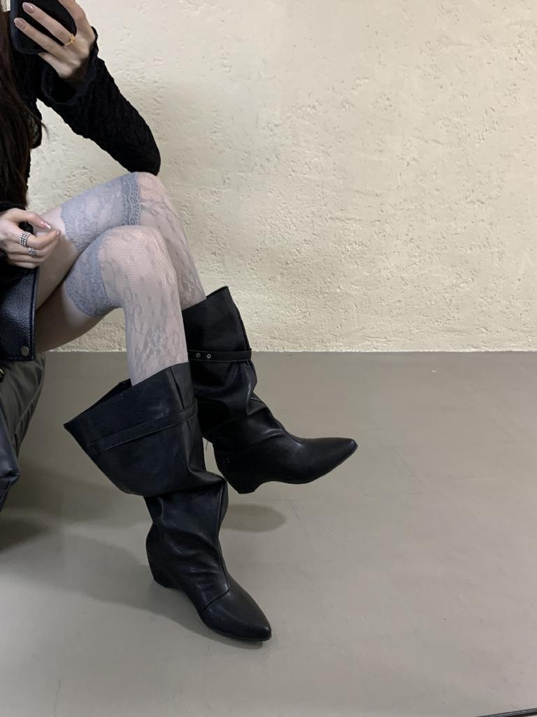 Autumn and winter new boots square head inner height increase belt buckle straight boots retro sleeve women's boots