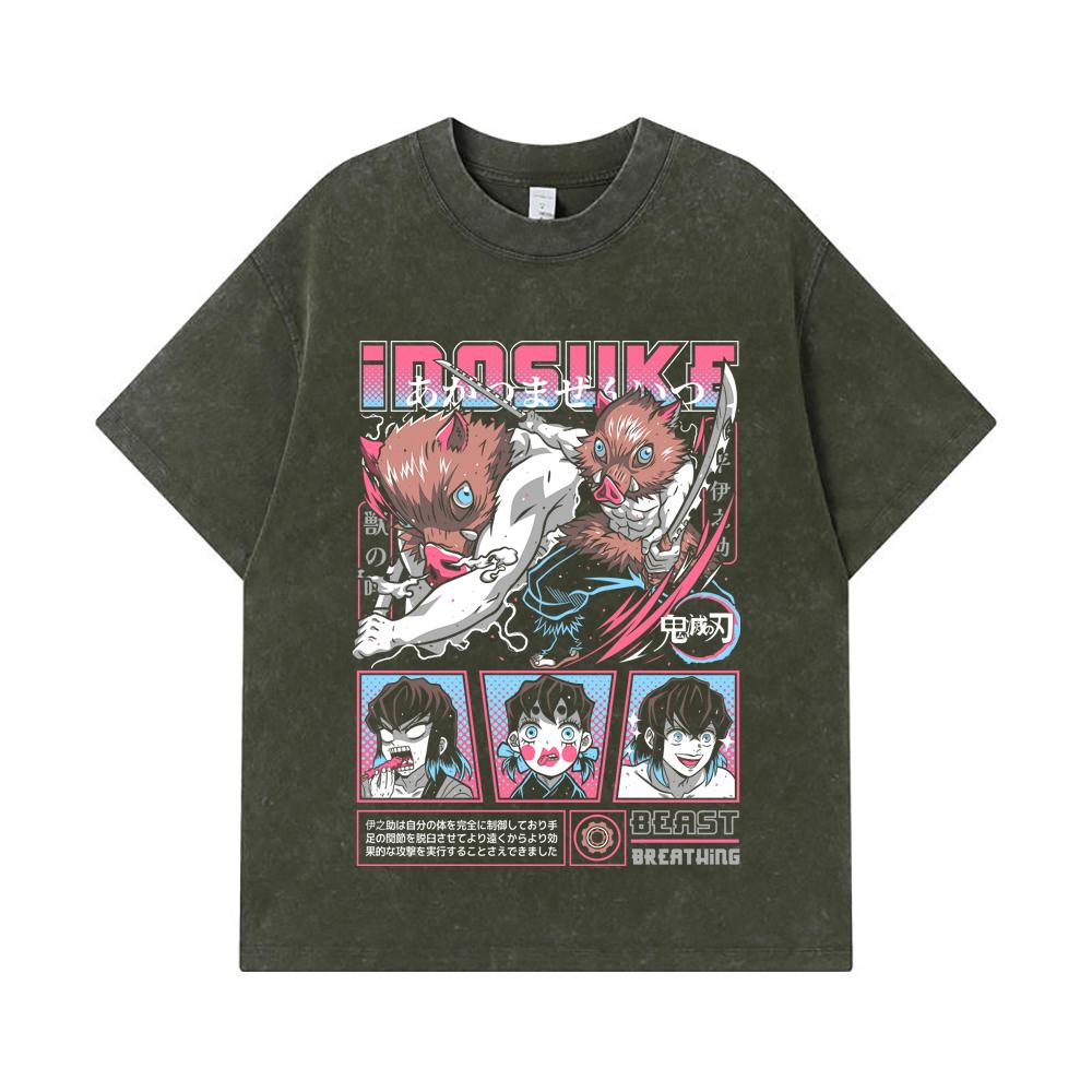 

275 GSM Washed T-shirts 100% Cotton Demon Slayer V28 Inosuke Print Unisex Heavy Cotton T Shirt S армия зеленый