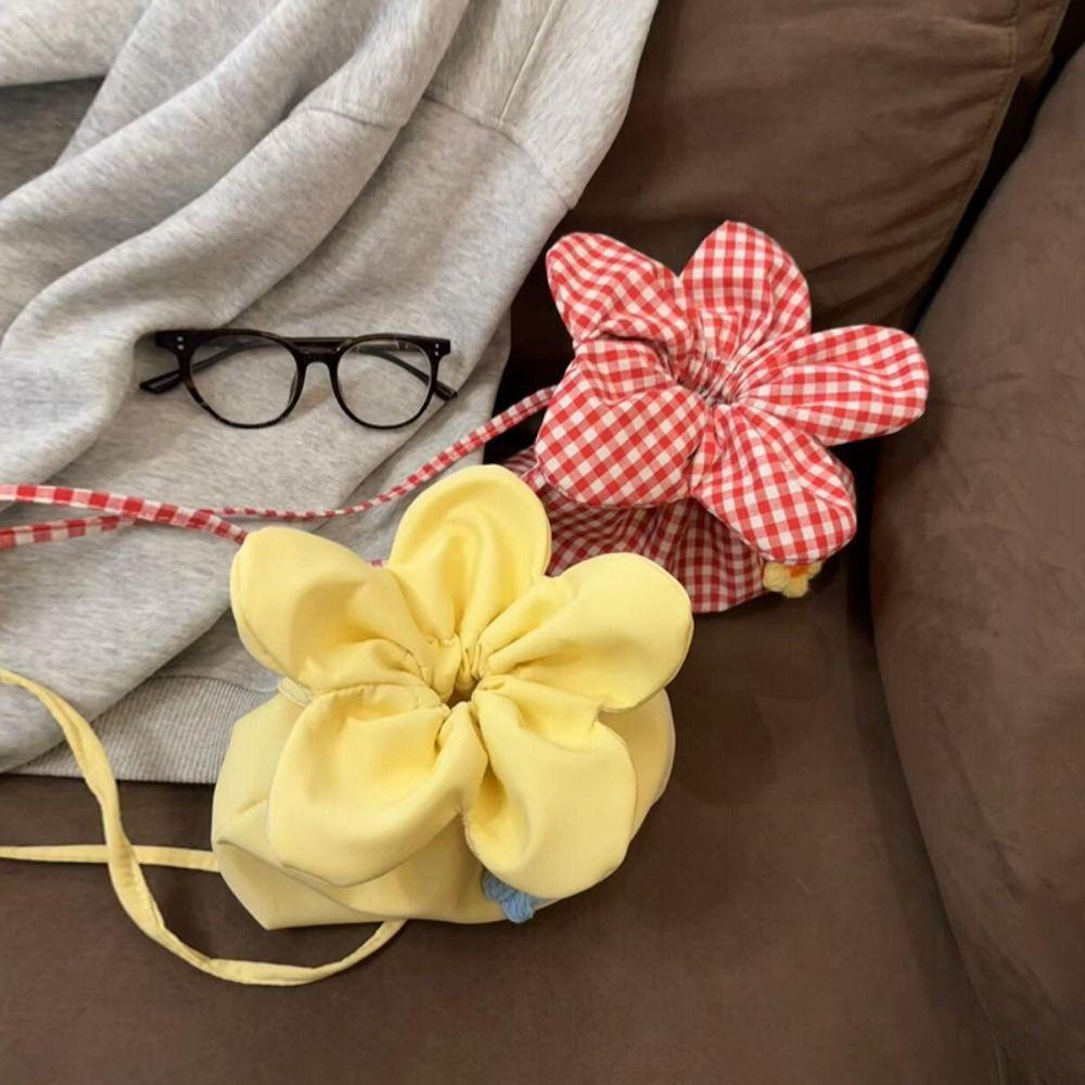 Korean Style Flower Handbag Printing Shoulder Bags Casual Plaid Drawstring Bag  Student