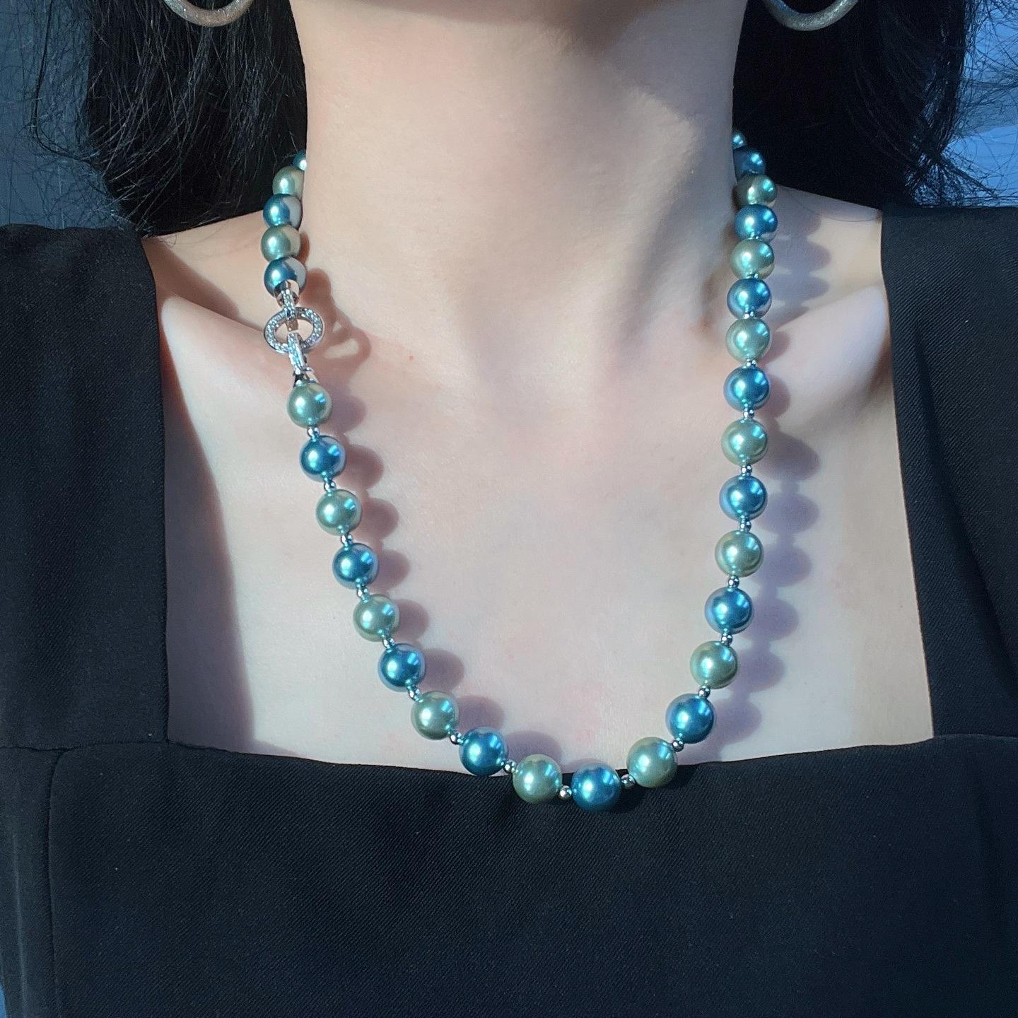 Morandi Blue-Green High-Quality Strong Light Artificial Crystal Pearl Sweater Chain