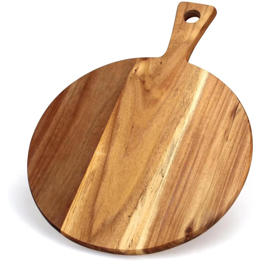 Round Wooden Pizza Plate with Handle - Multifunctional Kitchen Cutting Board and Snack Tray