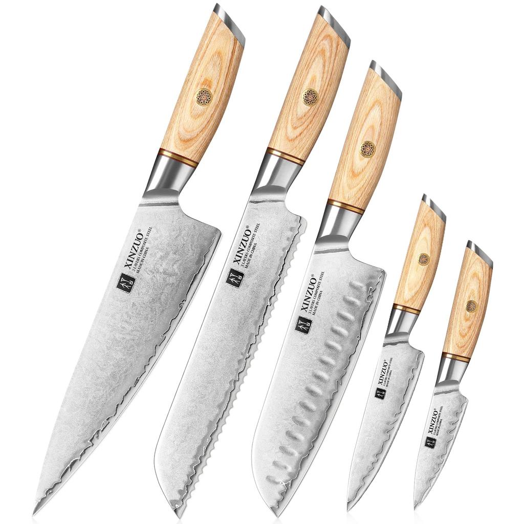 XINZUO Composite Steel 5Pcs Kitchen Knife 3 Layer Clad Steel Chef Knife Set 10Cr15CoMoV Steel Professional Sharp Cooking Knife Stainless Steel Knife