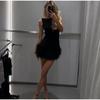 Elegant Feather Patchwork Short Party Dress Women Slim O-neck Sleeveless High Waist Female Dresses 2025 Lady Sexy Evening Dresses