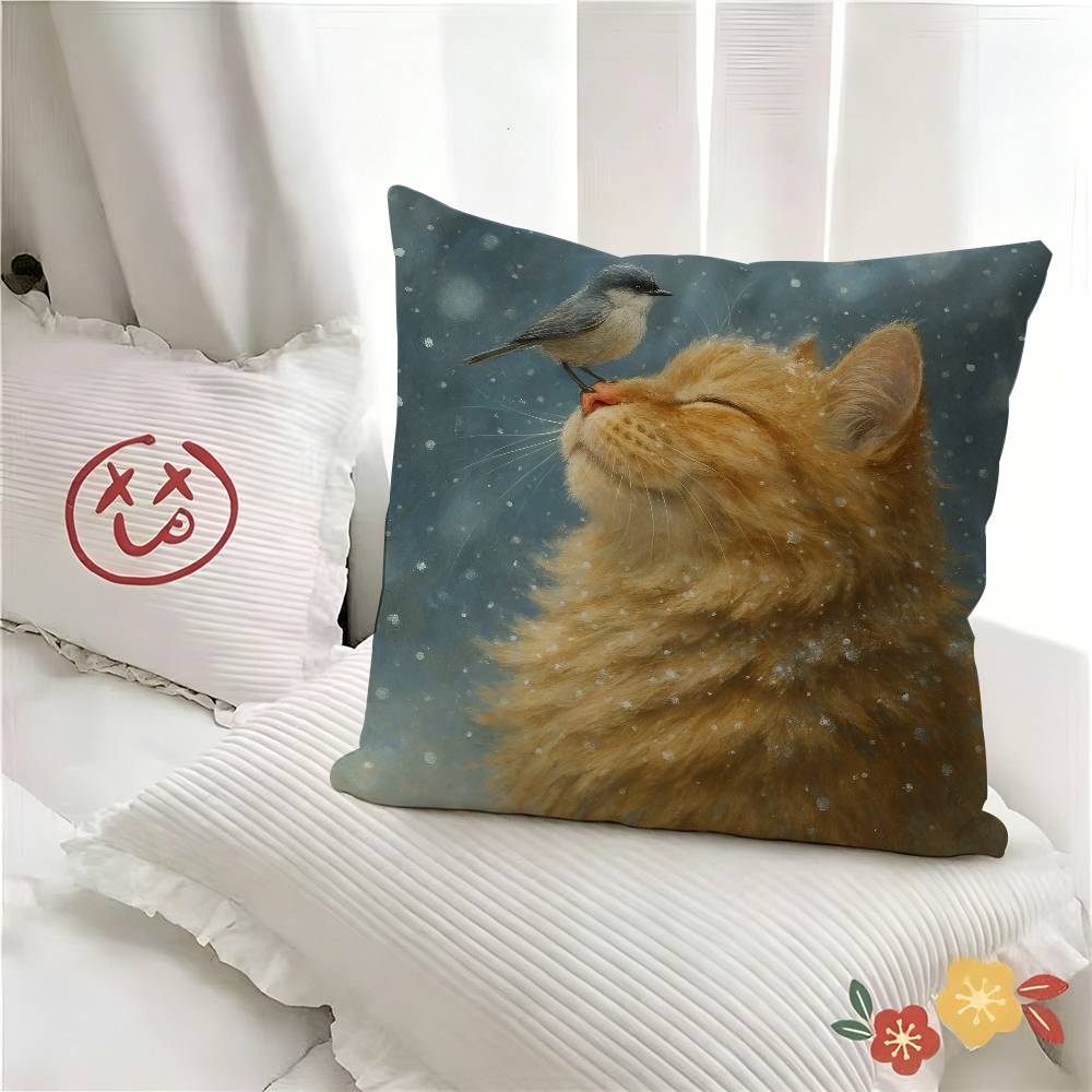pc Cute Oil Painting Cat Animal Bird Pillow Case Fashion Square Pillowcase Bedroom Sofa Room Ins Decoration Leisure