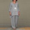 2023 EU & US Women's Cotton Linen Plus Size Casual Irregular Long Sleeve Top & Wide Leg Pants Set