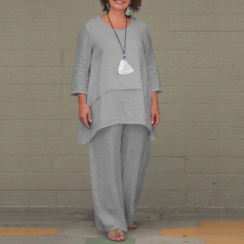 2023 EU & US Women's Cotton Linen Plus Size Casual Irregular Long Sleeve Top & Wide Leg Pants Set