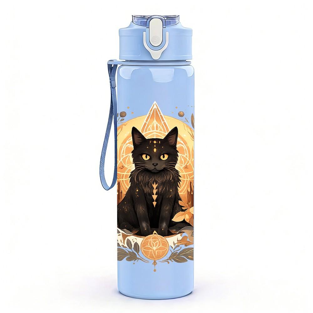 1PC Black Cat Vintage Decorative Print 750ml Color Plastic Sports Water Bottle Leakproof Flip Straw Lid Suitable for Sports Office Home Use