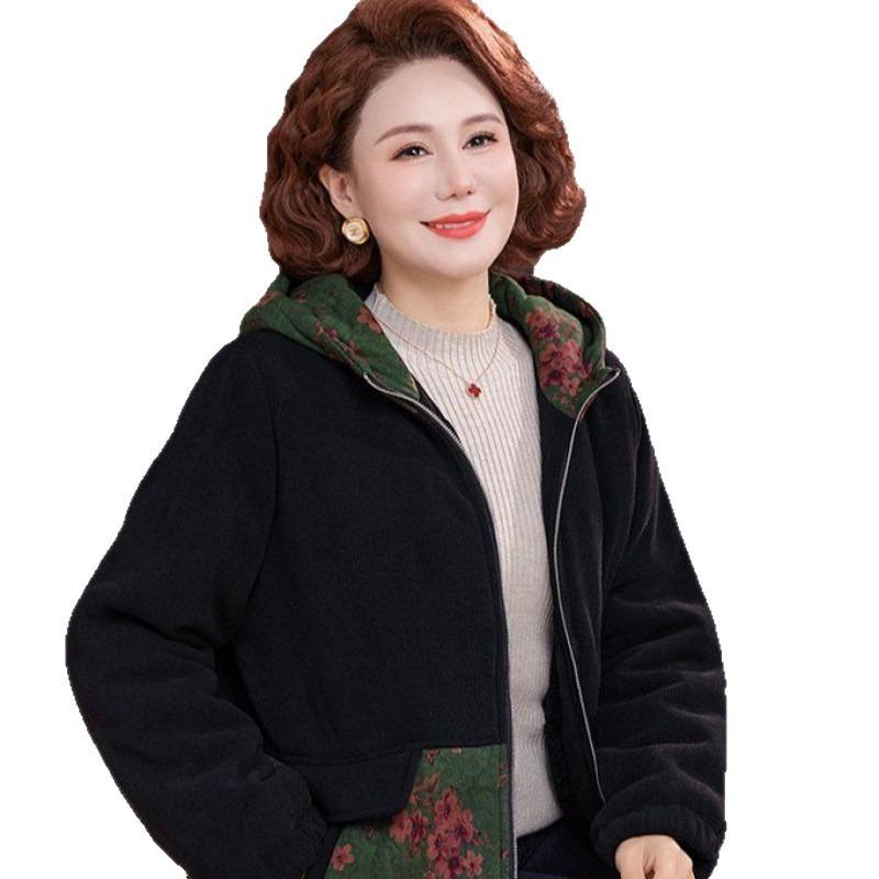 Winter new large size fashion and thin mother outfit velvet thickened hooded cotton-padded coat medium and old coat