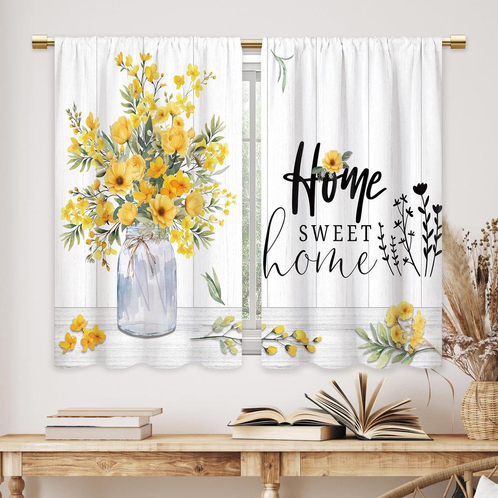 2 Panels Rustic Yellow Floral Kitchen Curtains Farmhouse Bathroom Window Treatment Drapes Cafe Small Bedroom Short Curtains