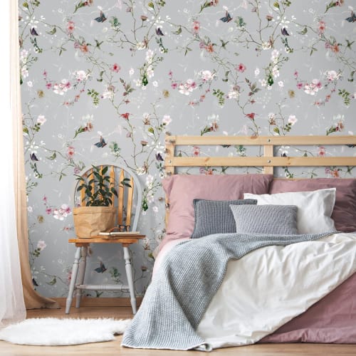 VEELIKE Floral Wallpaper Stickers, Japanese Style, Plum Blossoms and Butterflies, Gray, Remake Sheet, Cutting Sheet, Renovation, Interior Decor, Wallp