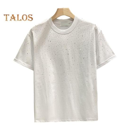 Summer Men T-shirt Rhinestone Decor Round Neck Loose Pure Color Short Sleeves Pullover Casual Mid Length Daily Wear Sport Top