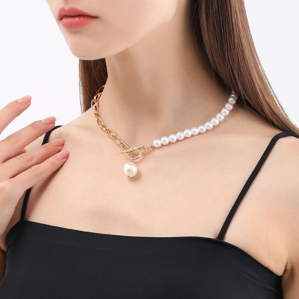 Niche Woven Geometric Imitation Pearls Stacked Collarbone Chain Versatile OT Buckle Splicing Chain Simple Retro Beaded Necklace