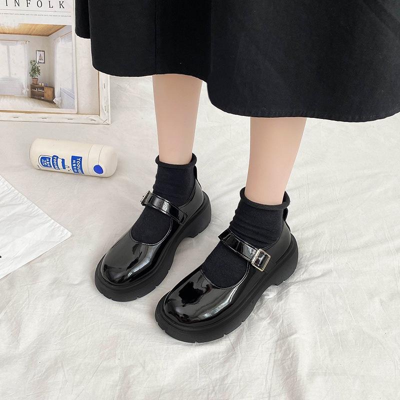 Black Patent Leather Platform Mary Jane Shoes Women's Chunky Heel Round Toe Buckle Strap Casual Shoes