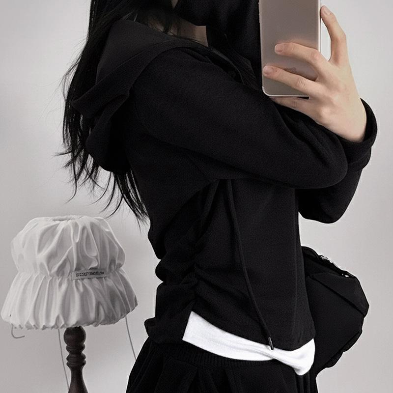 Casual Color Block Hooded Knit T-Shirt with Cinched Waist Long Sleeves