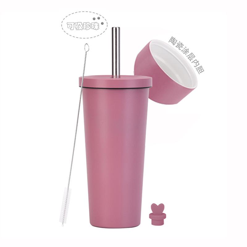 2025 Stainless Steel Straw Cup Ceramic Liner Bubble Tea Cup Vacuum Double-Layer Straw Thermos Cup