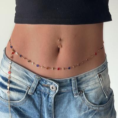 Modische bunte Glas-Kristall-Hüftkette für Damen Punk Sommer Sexy Strand Bikini Körperschmuck Y2K Accessoires