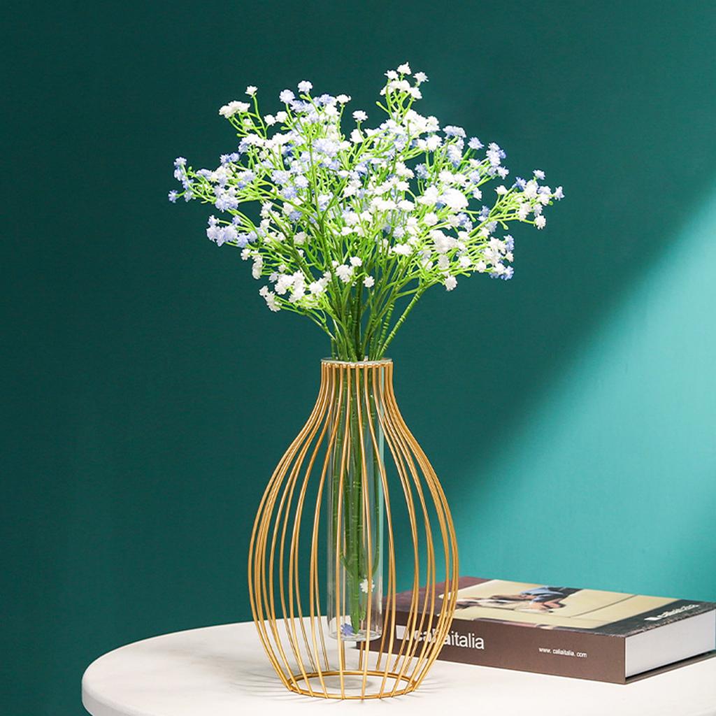 Metal Frame Vase with Clear Glass Tube Hydroponic Container for Desk Decoration