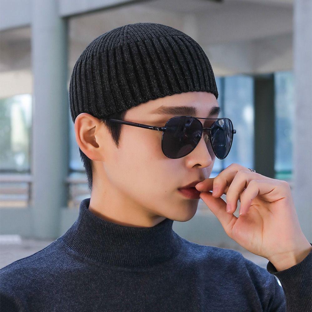 Street Solid Color Knitted Cap Elastic Keep Warm Melon Beanie Cap Brimless Vintage Dome Hat Winter