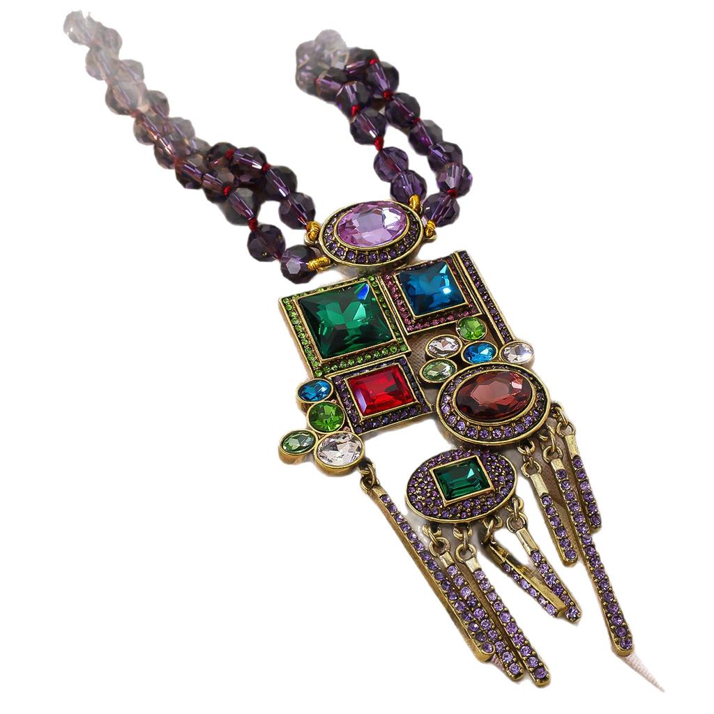 Qingdao Medieval Vintage Heavy Industry Geometric Elements Fringed Pendant Inlaid With Gemstone Round Bead Necklace
