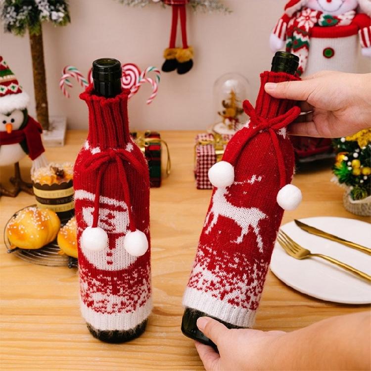 Set of 3 Festival Knitted Wine Bottle Sleeves With Gradual Color Featuring Santa, Snowmans, and Reindeers Wine Bottle Cover