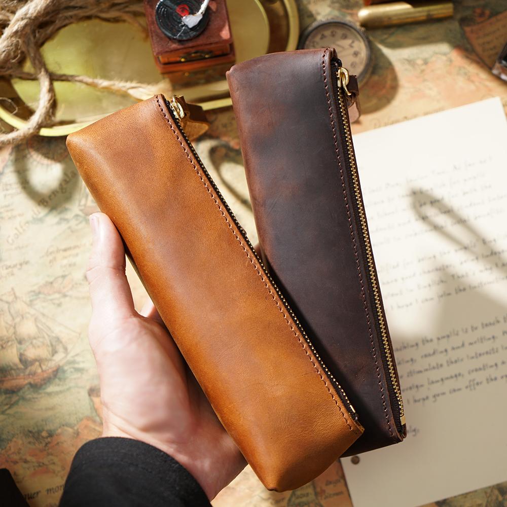 Großkapazität Vintage Crazy Horse Leder Reißverschluss Federmäppchen Handgefertigt Kreativ Schulbedarf Bleistiftetui Echtes Leder