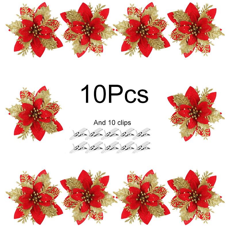 10Pcs/Pack Christmas Flowers Sparkling 14CM with Clips Xmas DIY Glitter Poinsettia Wreath