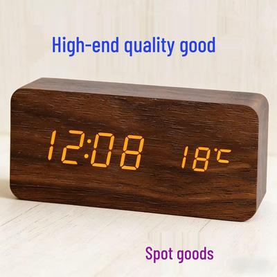 LED Wooden Digital Alarm Clock with Voice Control and Thermometer