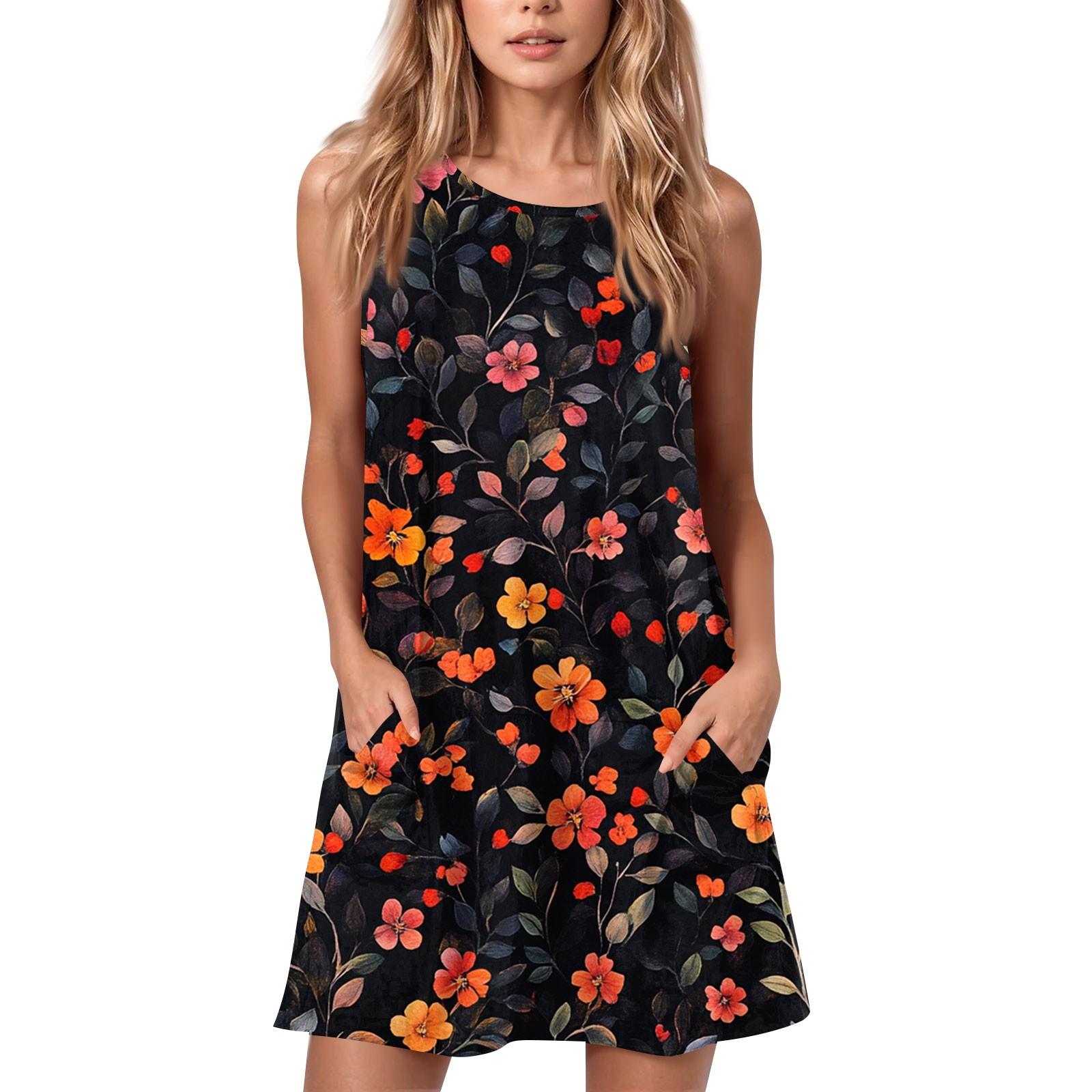 Women s Summer Casual Round Neck Printed Dress Sleeveless Dress With Pockets L