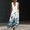Sleeveless V Neck Floral Print Maxi Dress for Women Casual Bohemian Style Summer Long Sundress with Pockets