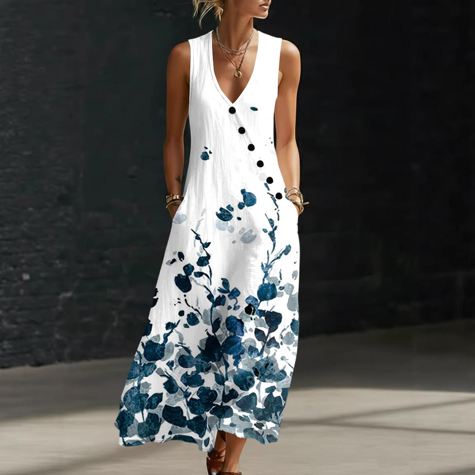 

Sleeveless V Neck Floral Print Maxi Dress for Women Casual Bohemian Style Summer Long Sundress with Pockets XL белый