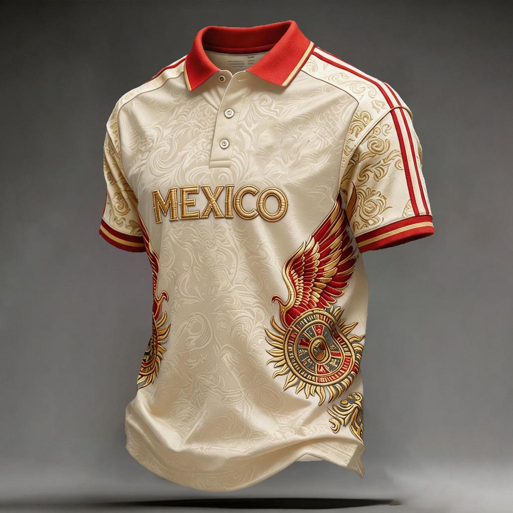 Men's Mexican Soccer Print Shirt with Collar for Casual Wear