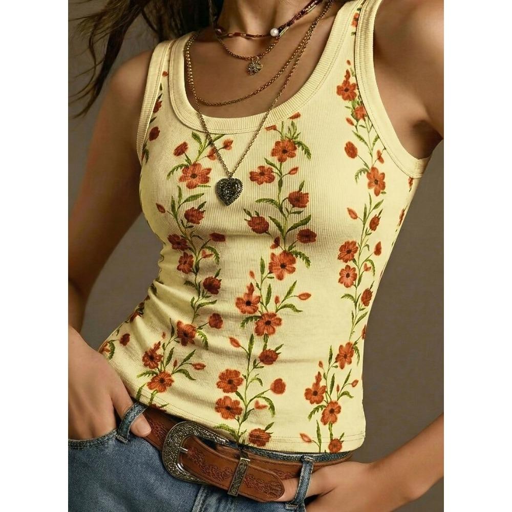 Women s Tank Top Texture Knit Floral Vacation Sleeveless Scoop Neck Regular Tops Casual White Yellow Pink Sky Blue Summer Spring S