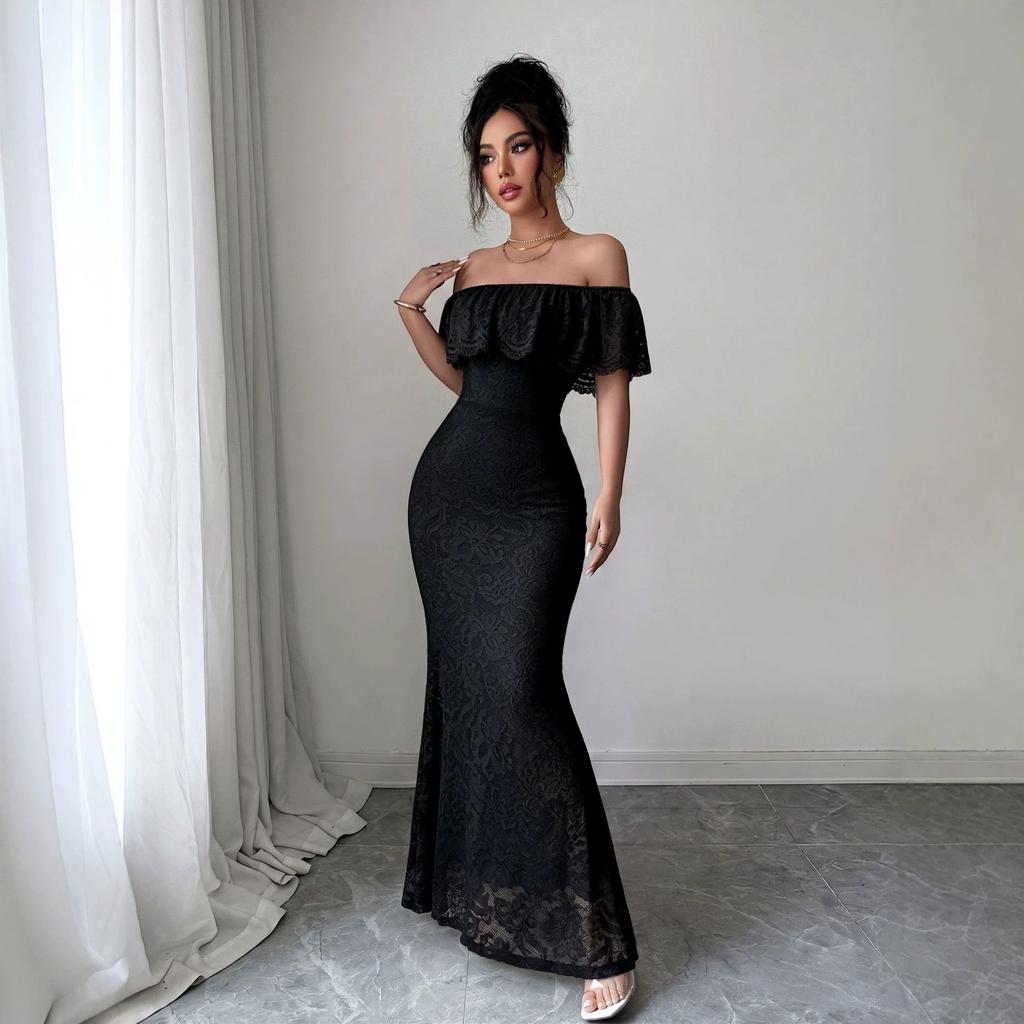 European and American autumn elegant one-word shoulder ruffle lace splicing long dress dress