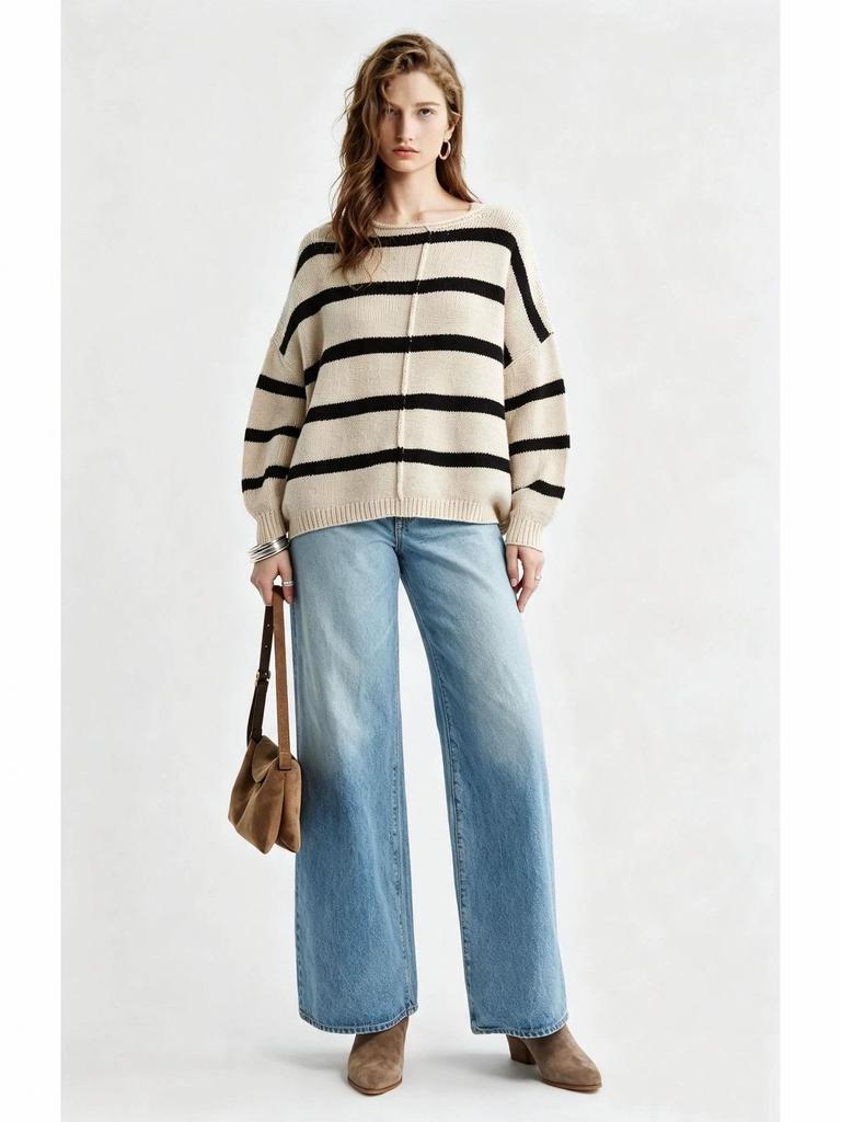 2026 Autumn/Winter Elegant Striped Knit Sweater - Sweet and Stylish Low Round Neck Pullover for Women