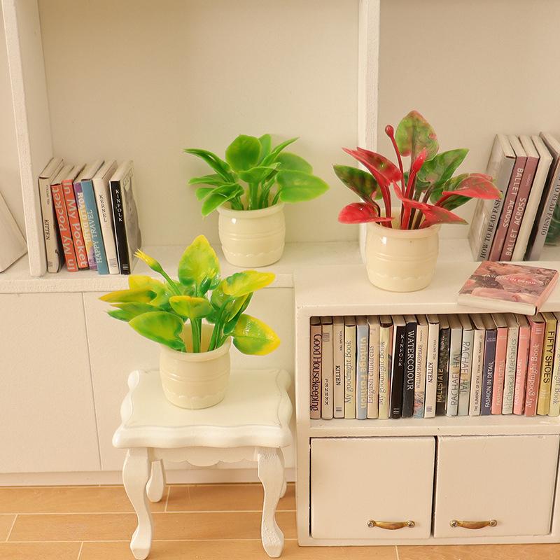 2 Bucăți Casă de Păpuși Decor Acasă Grădină Jucării Accesorii 1:12 Păpușă Miniatură Plantă în Ghiveci cu Frunze Verzi Ghiveci Model Bonsai