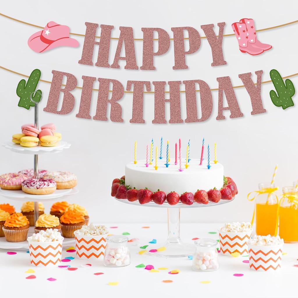 Western Birthday Party Decorations, Cowboy Party Decorations Happy Birthday Banner Glitter Western Party Decors Hanging Banner Cowgirl Birthday Party