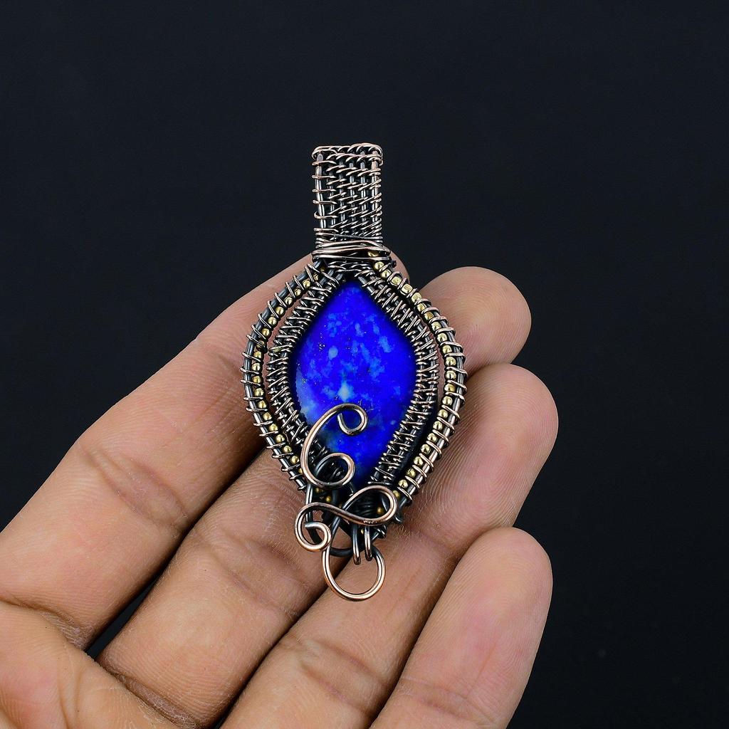Lapis Lazuli Pendant Handmade Gemstone Jewelry, 999 Copper Wire Wrapped Pendant ,Unique Design Jewelry Pendant