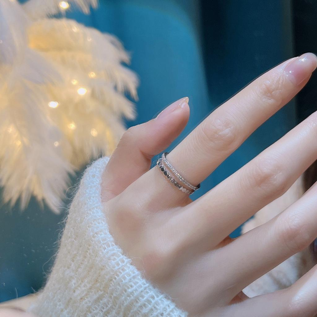 Double-layer Zircon Ring for Women's Simple and Advanced Sense, New Versatile Cold Wind Honeycomb Fashionable Opening Adjustable Ring
