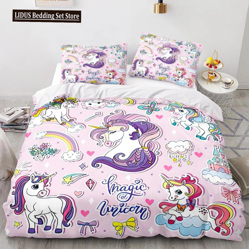 Cartoon Unicorn Duvet Cover King Queen Lovely White Mythical Animal Bedding Set Kids Girl Colorful Rainbow Polyester Quilt Cover