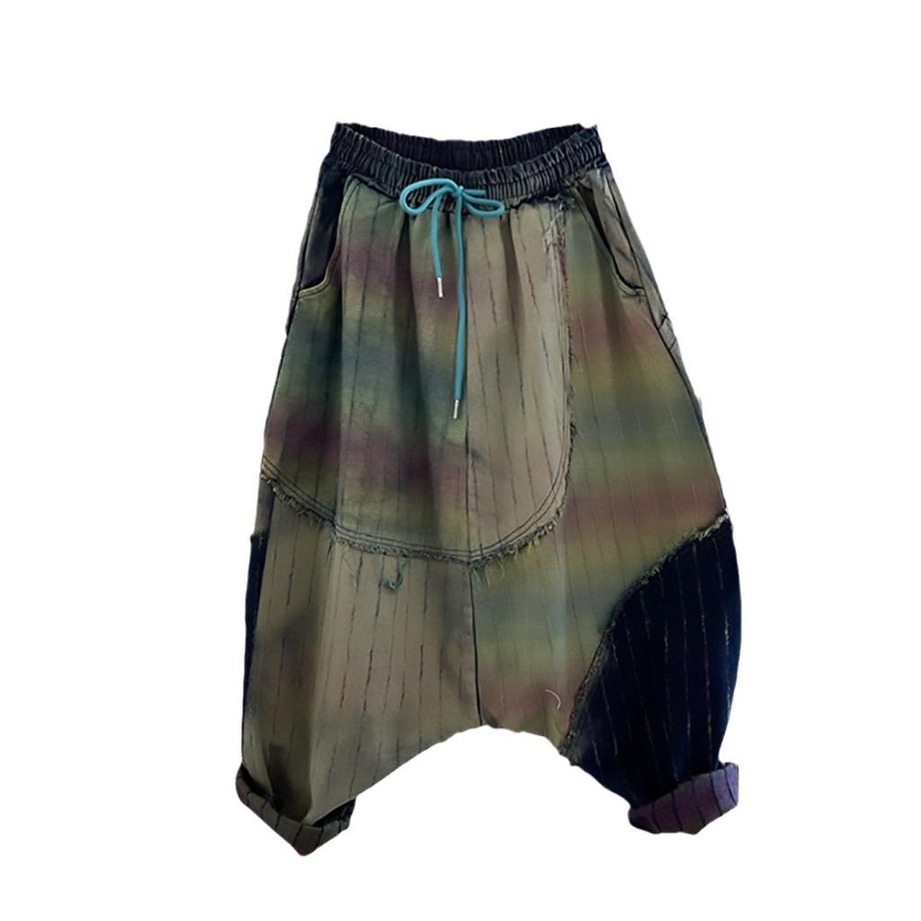 Trendy unique brand exaggerated hanging pants for women, spring-autumn new elastic waistband, loose plus-size patchwork hip-hop jeans