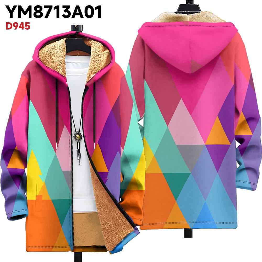 Nová bunda vícebarevné vzorové prvky B1 zipová mikina s kapucí zateplená zimní fleecová trendy vatovaná bunda
