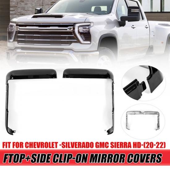 Black Top+Side Replacement Mirror Covers For 20-23 Chevy Silverado GMC Sierra HD