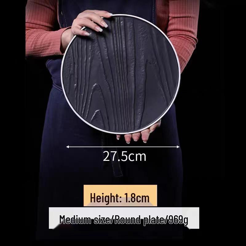 Matte Black Ceramic Wood Grain Plate for Steak, Barbecue, Snacks, and Desserts